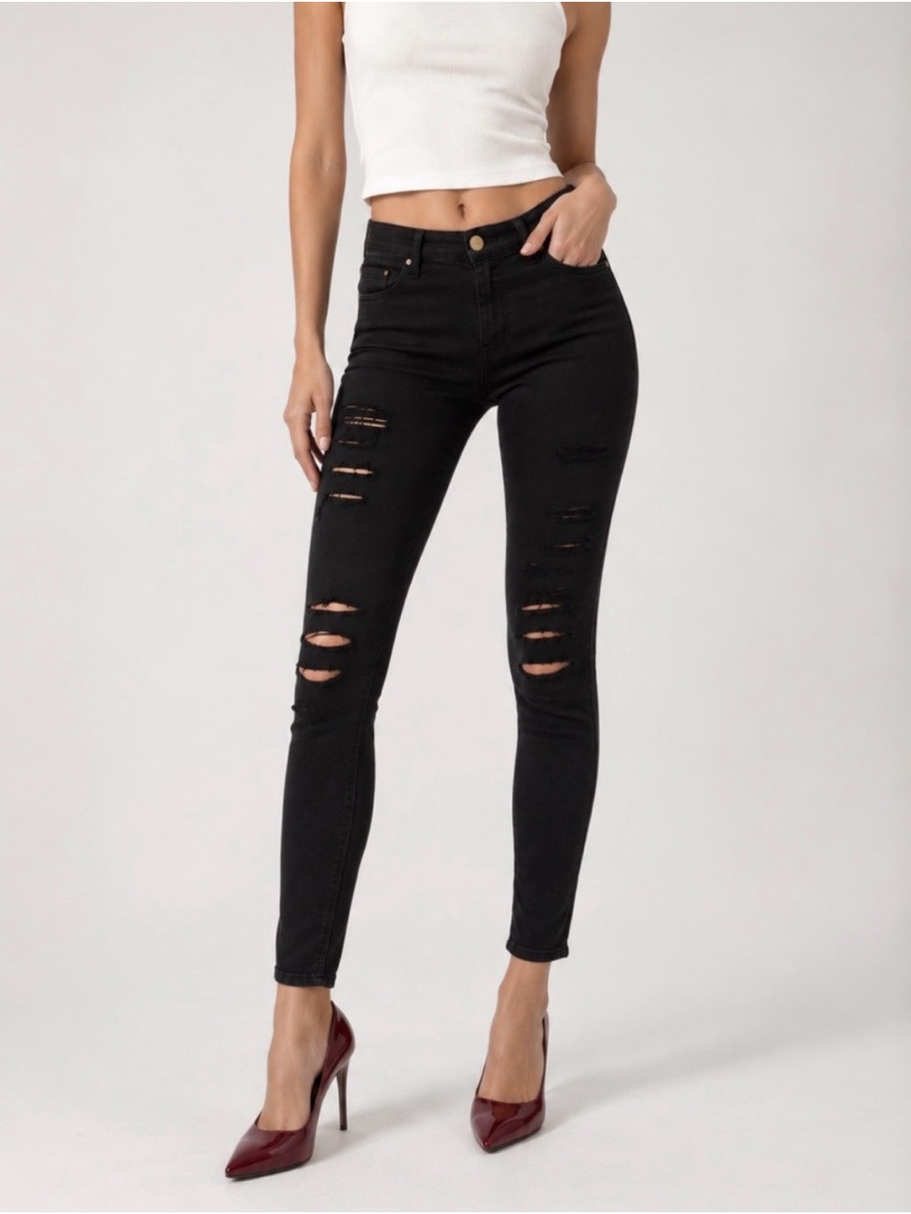 Frame Denim Black Distressed Skinny Jeans